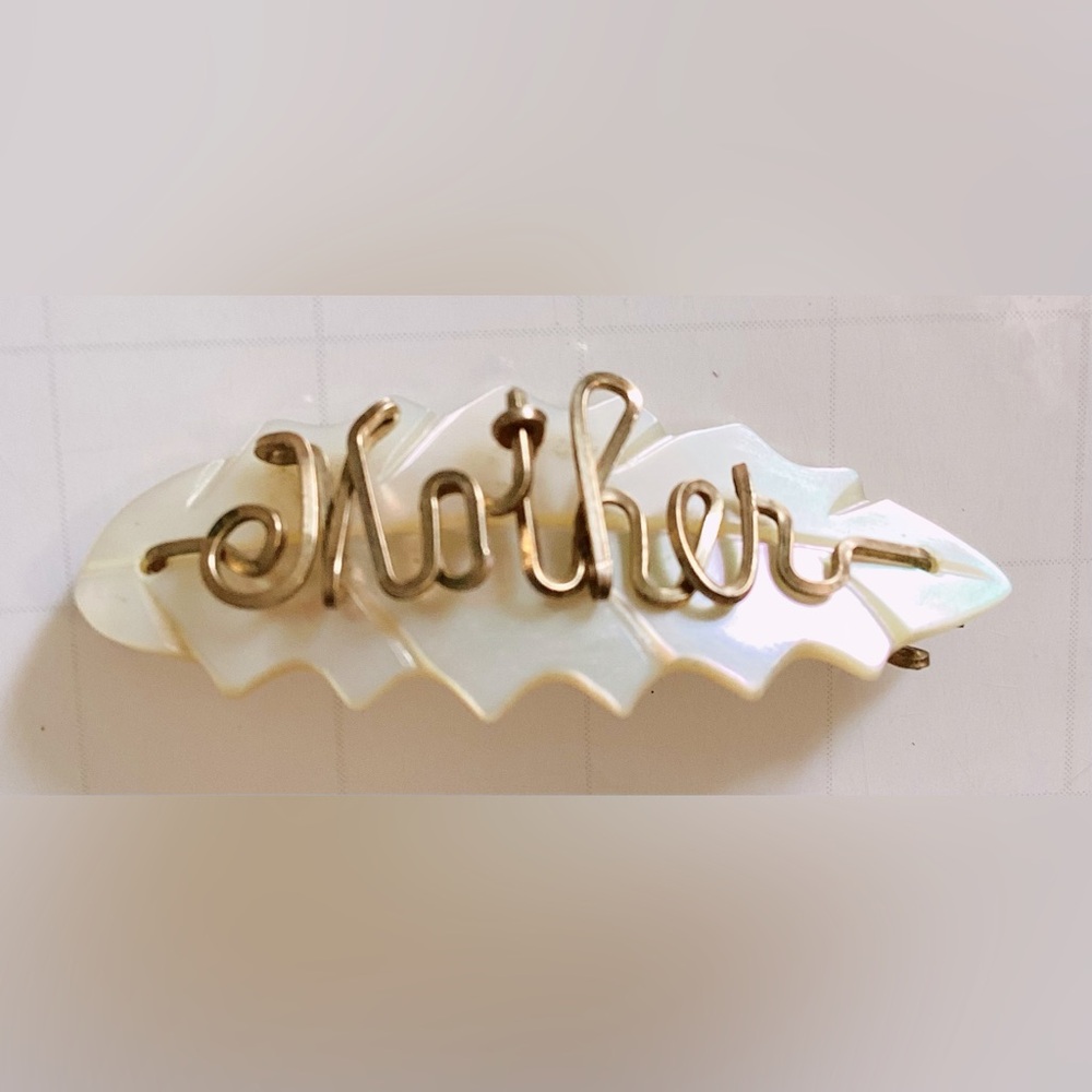 Vintage “Mother” Wirework Script Carved Mother Of Pearl Leaf Brooch Pin MOP